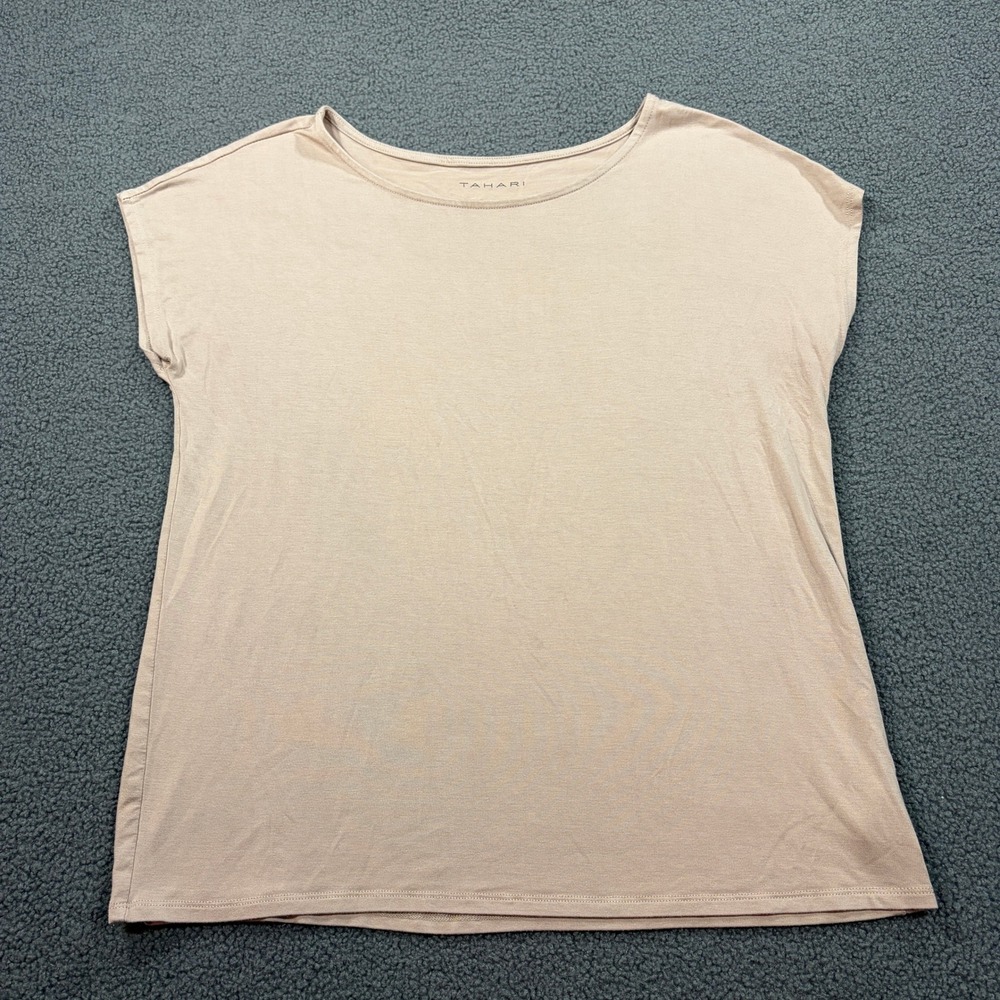 Tahari T-Shirt Womens XL Tan Short Sleeve Crew Neck Rayon Spandex Stretch Basic
